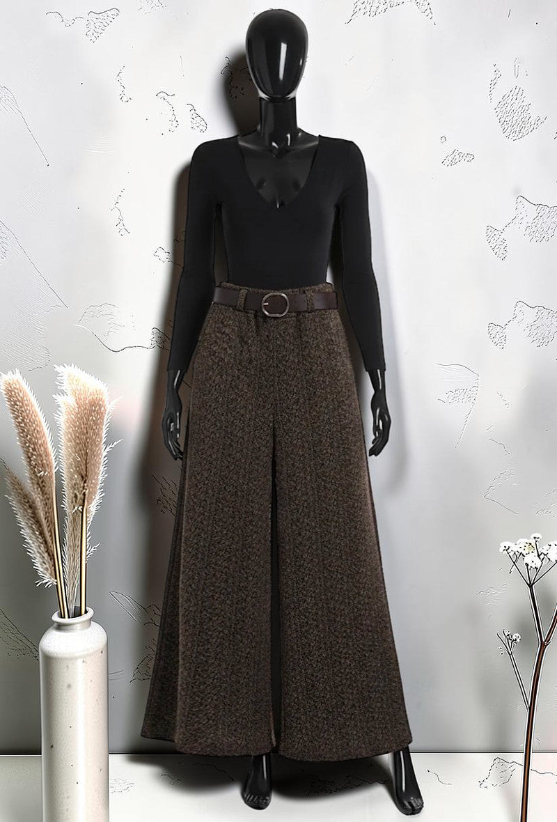 Pantalon Large Palazzo Fluide et Molletonné Élastique à la Taille Marron Foncé