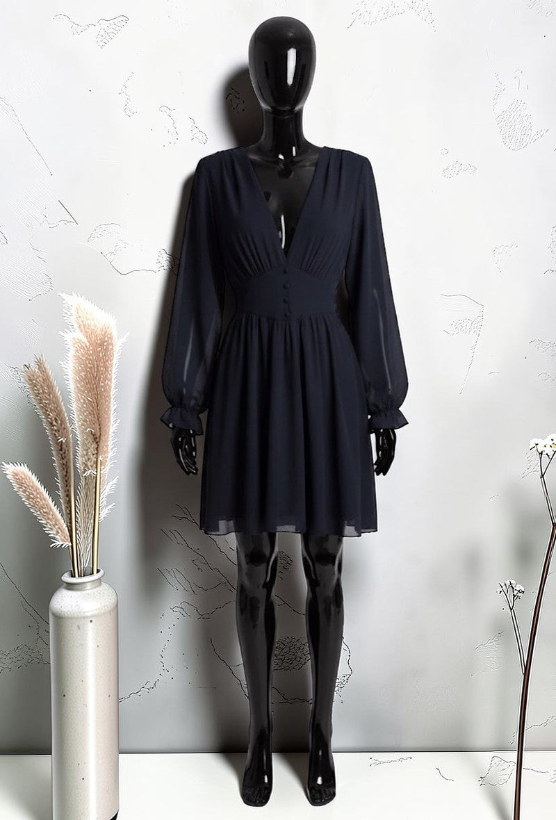 Robe Unie à Manches Longues Boutonnée avec Doublure en Viscose Marine
