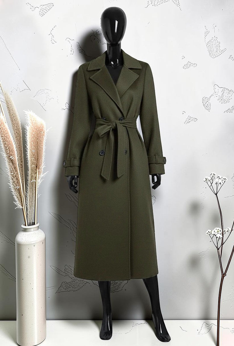 Manteau en Drap de Laine avec Poches Kaki