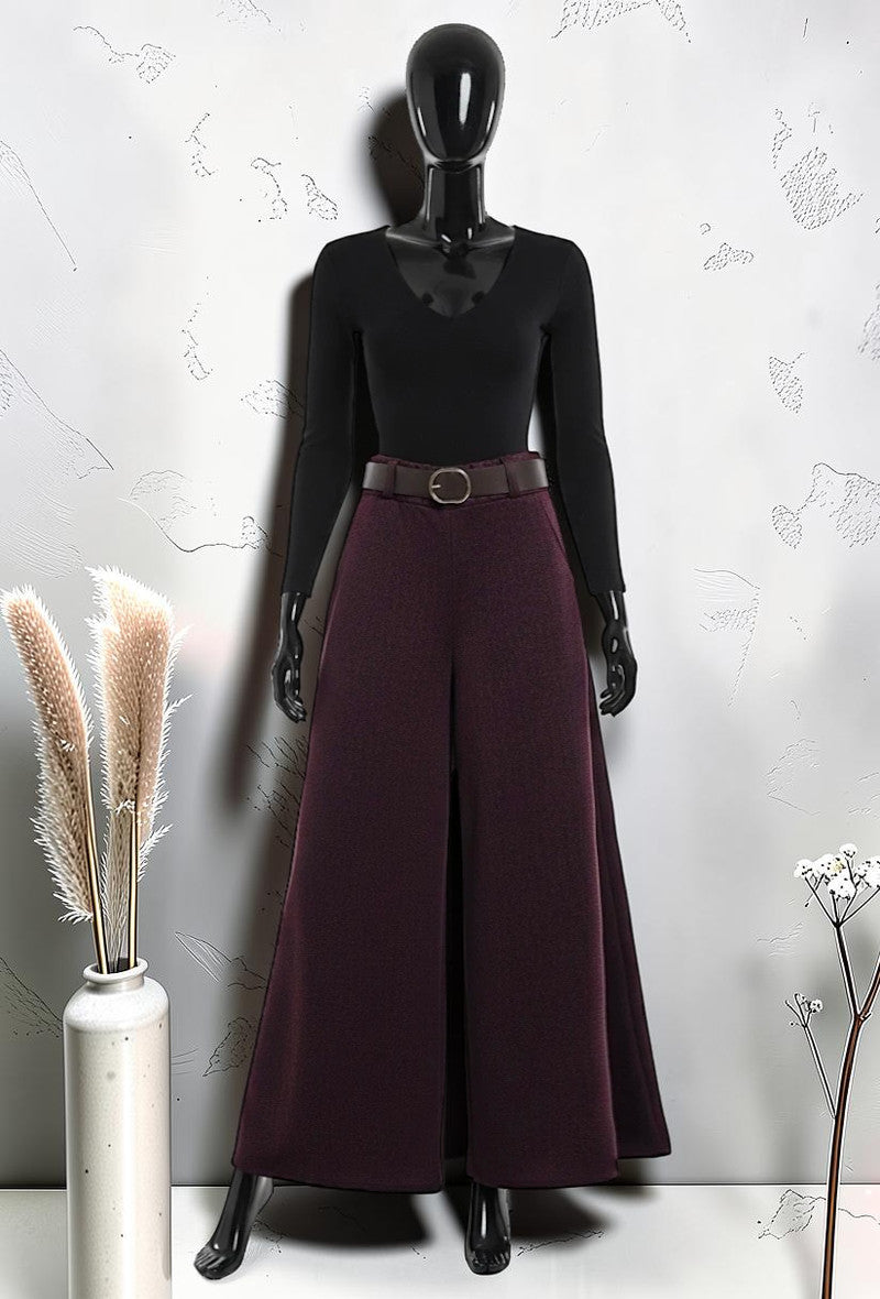 Pantalon Large Palazzo Fluide et Molletonné Élastique à la Taille Bordeaux