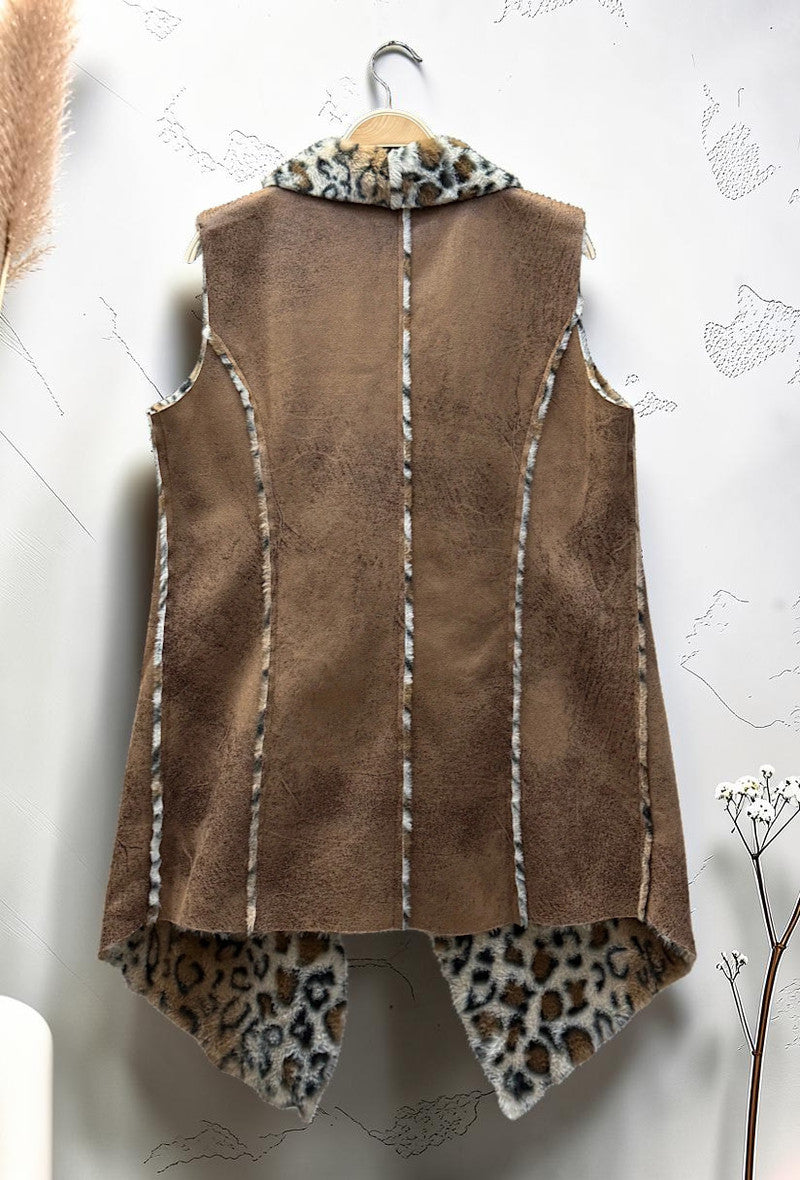 Manteau Sans Manches Façon Fausse Fourrure Léopard et Daim Automnal Caramel