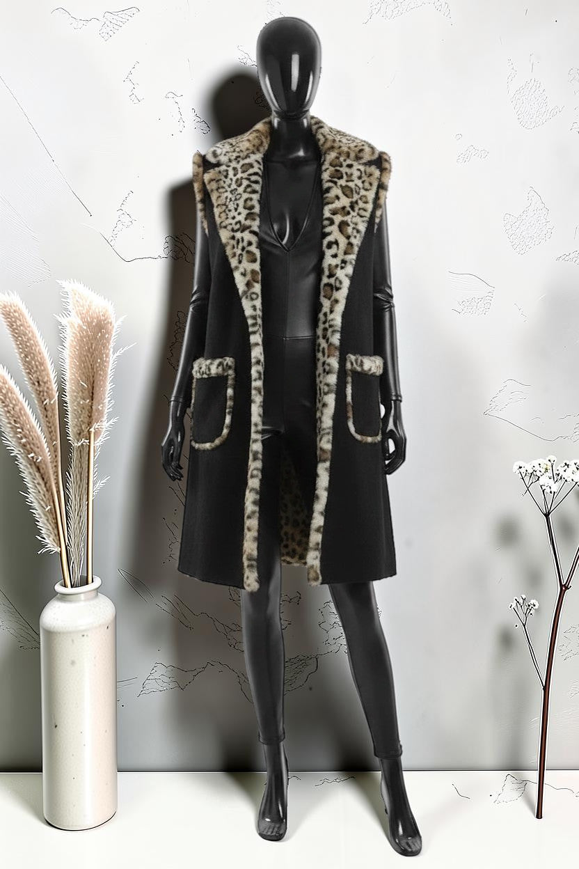 Manteau sans Manches en Fausse Fourrure Léopard et Daim Automnal Noir
