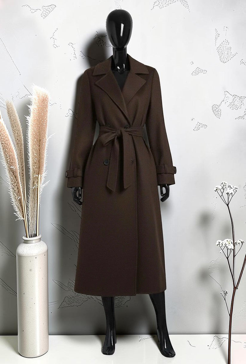Manteau en Drap de Laine avec Poches Marron Foncé