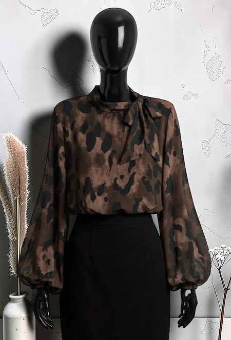 Blouse Manches Fluides Romantique Chic et Tendance avec Doublure en Viscose Marron Foncé