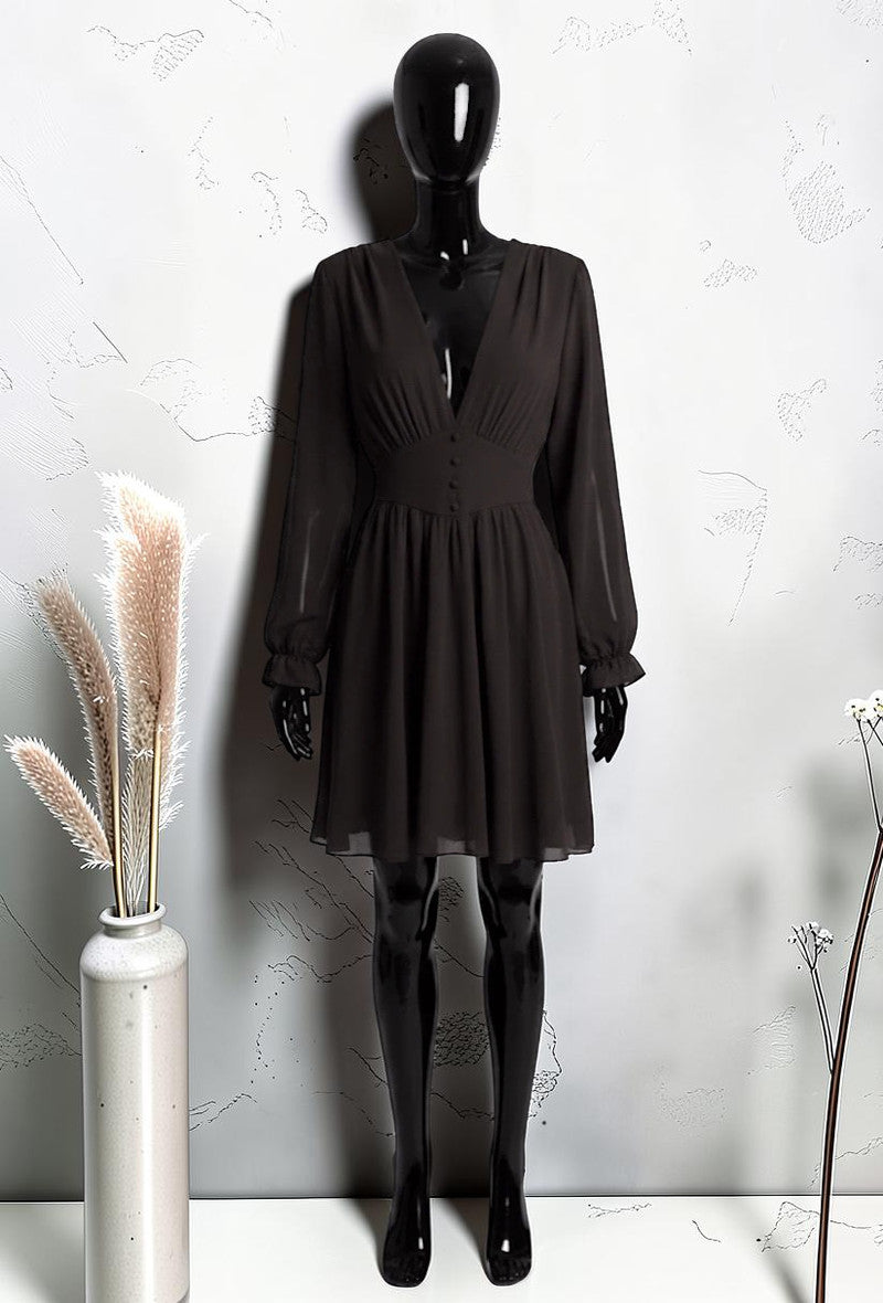 Robe Unie à Manches Longues Boutonnée avec Doublure en Viscose Marron Foncé