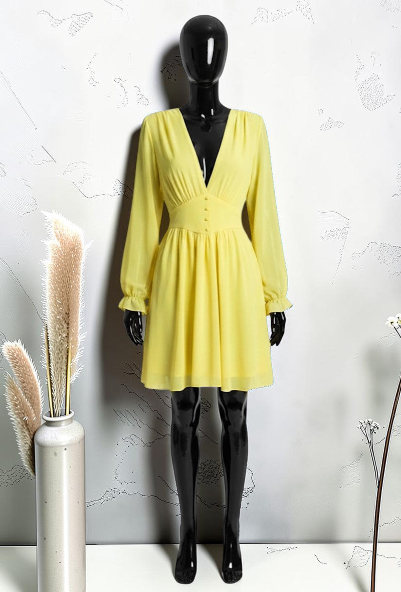 Robe Unie à Manches Longues Boutonnée avec Doublure en Viscose Jaune