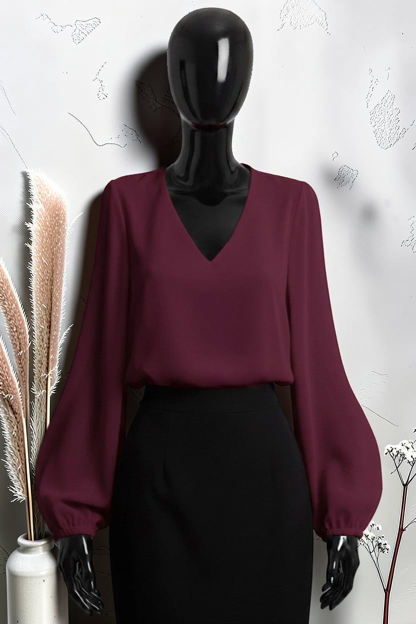 Blouse Unie à Manches Fluide Romantique Chic et Tendance avec Doublure Bordeaux