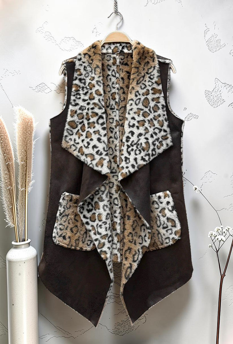 Manteau Sans Manches Façon Fausse Fourrure Léopard et Daim Automnal Marron Foncé