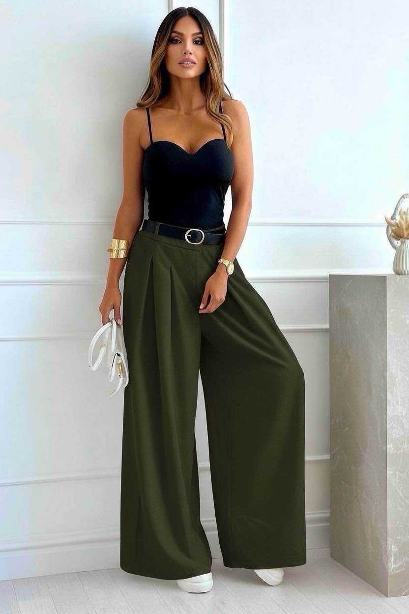 Pantalon Large Taille Haute Élégance Fluide Kaki — Collection 2026