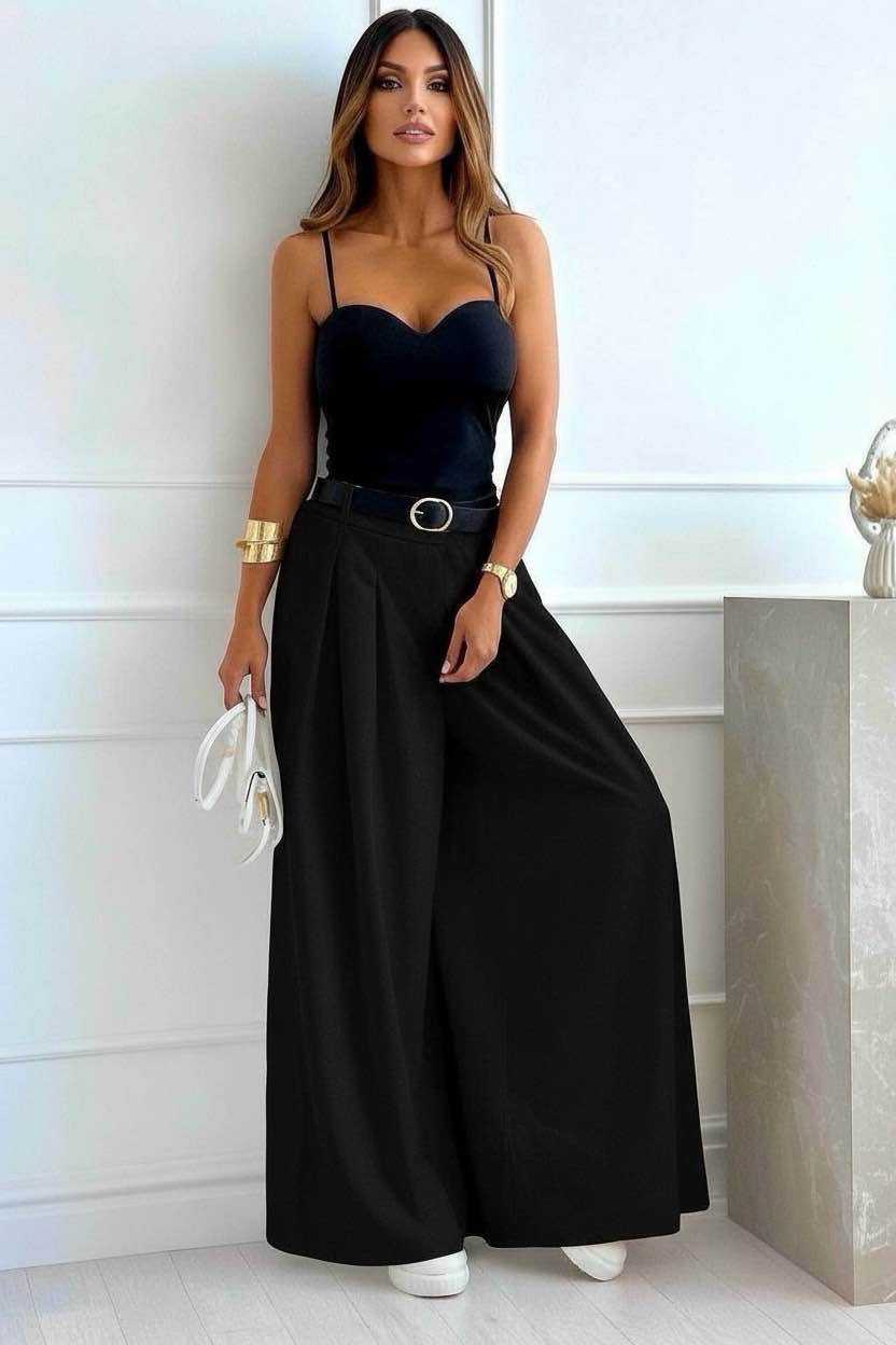 Pantalon Large Taille Haute Élégance Fluide Noir — Collection 2026