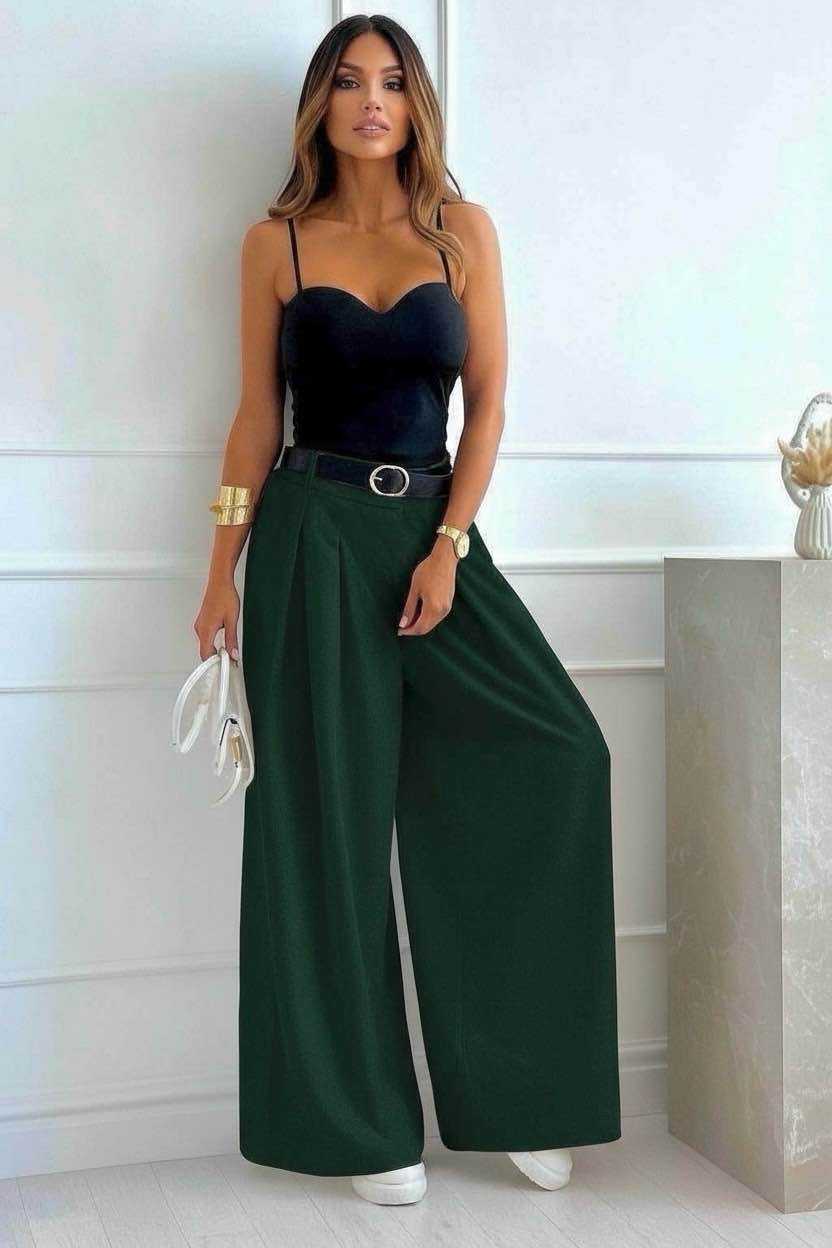 Pantalon Large Taille Haute Élégance Fluide Vert Bouteille — Collection 2026