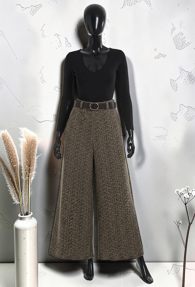 Pantalon Large Palazzo Fluide et Molletonné Élastique à la Taille Marron Foncé