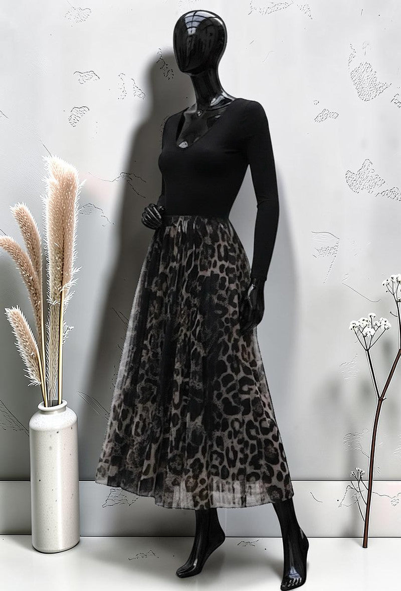 Jupe en Tulle Très Fluide avec Doublure en Viscose Noir