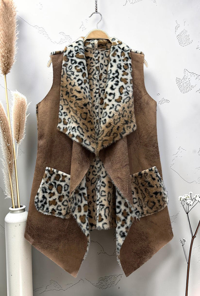 Manteau Sans Manches Façon Fausse Fourrure Léopard et Daim Automnal Caramel