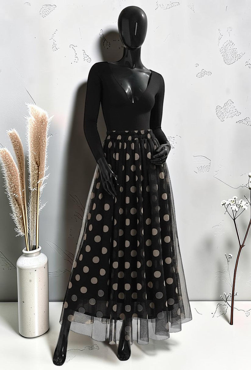 Jupe en Tulle Très Fluide avec Doublure en Viscose Noir