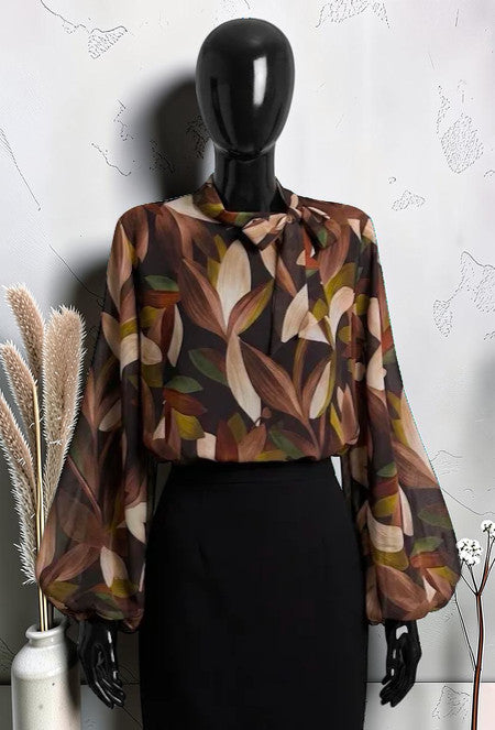 Blouse Manches Fluides Romantique Chic et Tendance avec Doublure en Viscose Marron Foncé