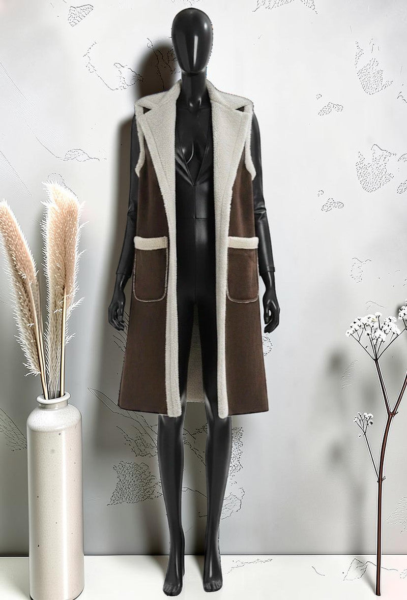 Manteau sans Manches en Laine Bouillie Automnal Chic et Tendance Marron Foncé