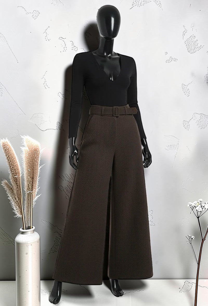 Pantalon Large Palazzo en Flanelle Automnal avec Ceinture Faite Main Marron Foncé