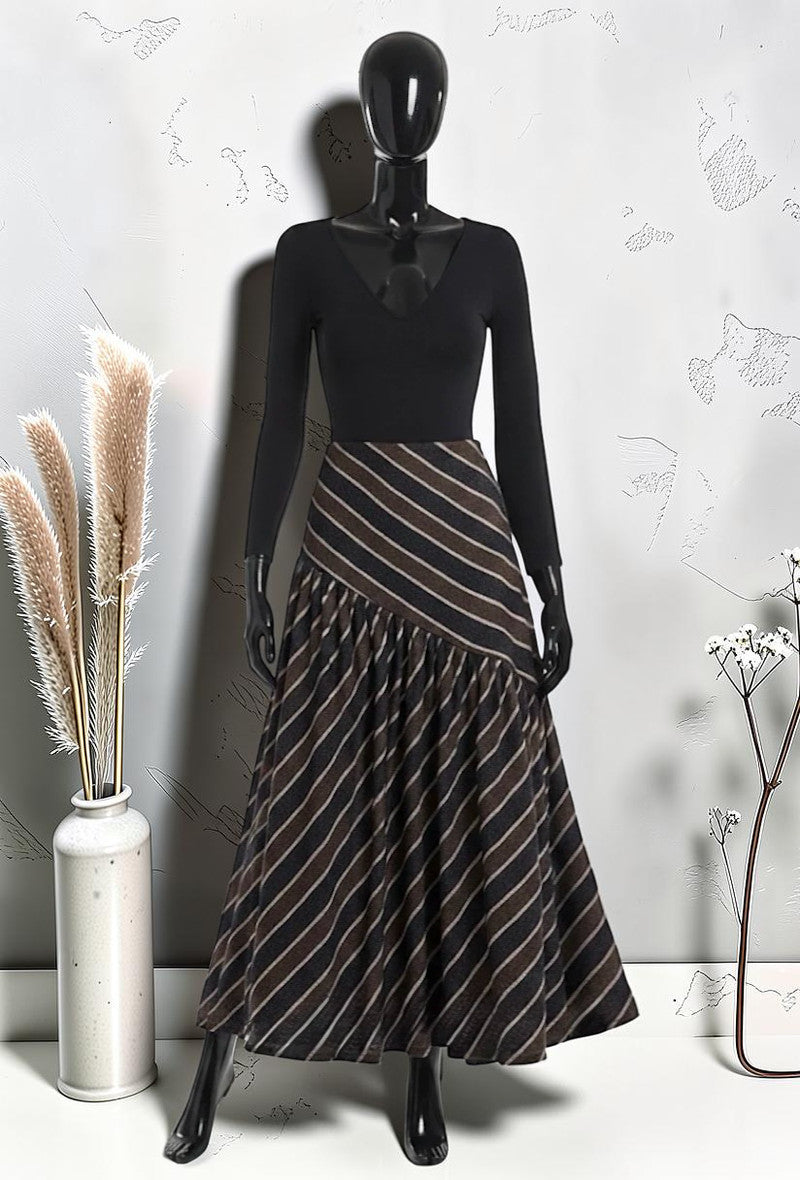 Jupe Fluide à Rayures Molletonnée Élastique à la Taille Noir