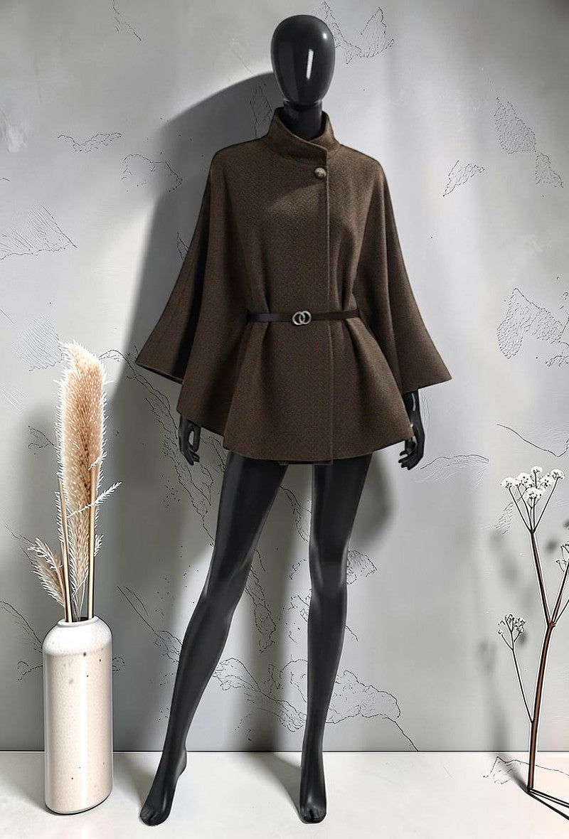 Cape Manteau avec Ceinture en Flanelle Automnale et Hivernale Brun