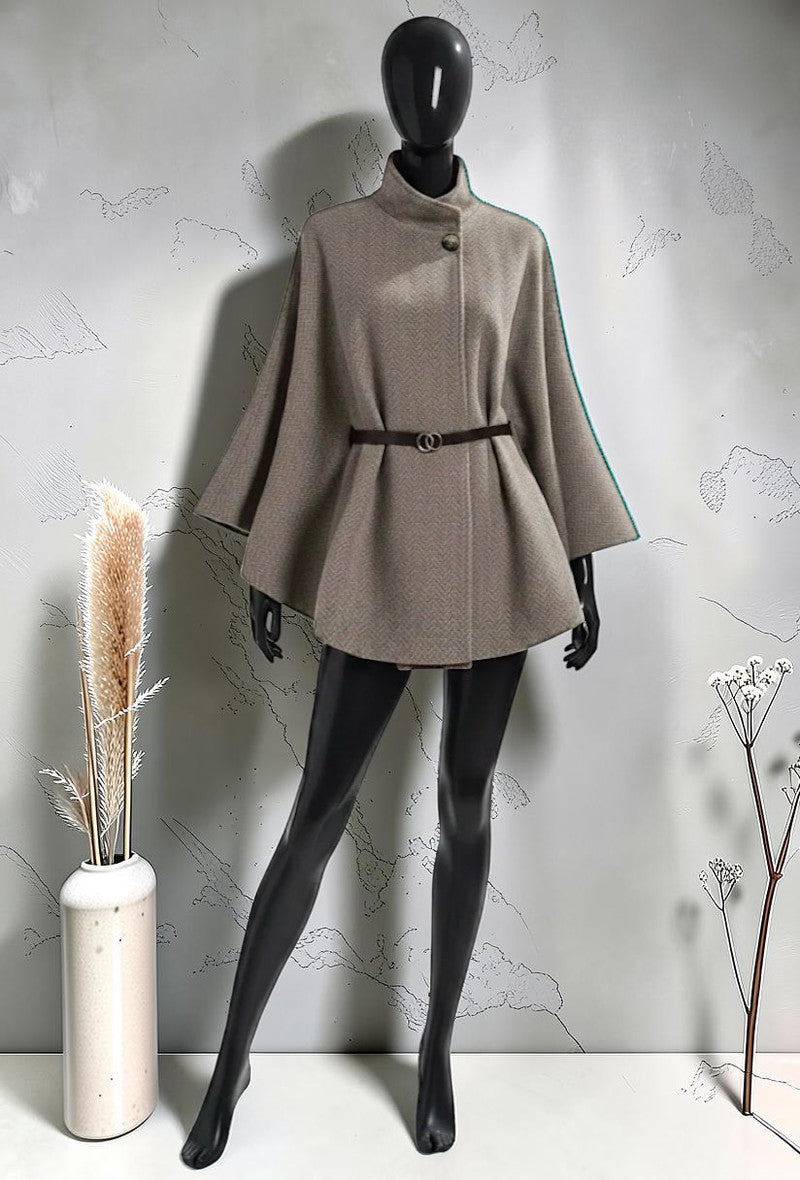 Cape Manteau avec Ceinture en Flanelle Automnale et Hivernale Champagne