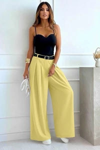 Pantalon Large Taille Haute Élégance Fluide Jaune — Collection 2026