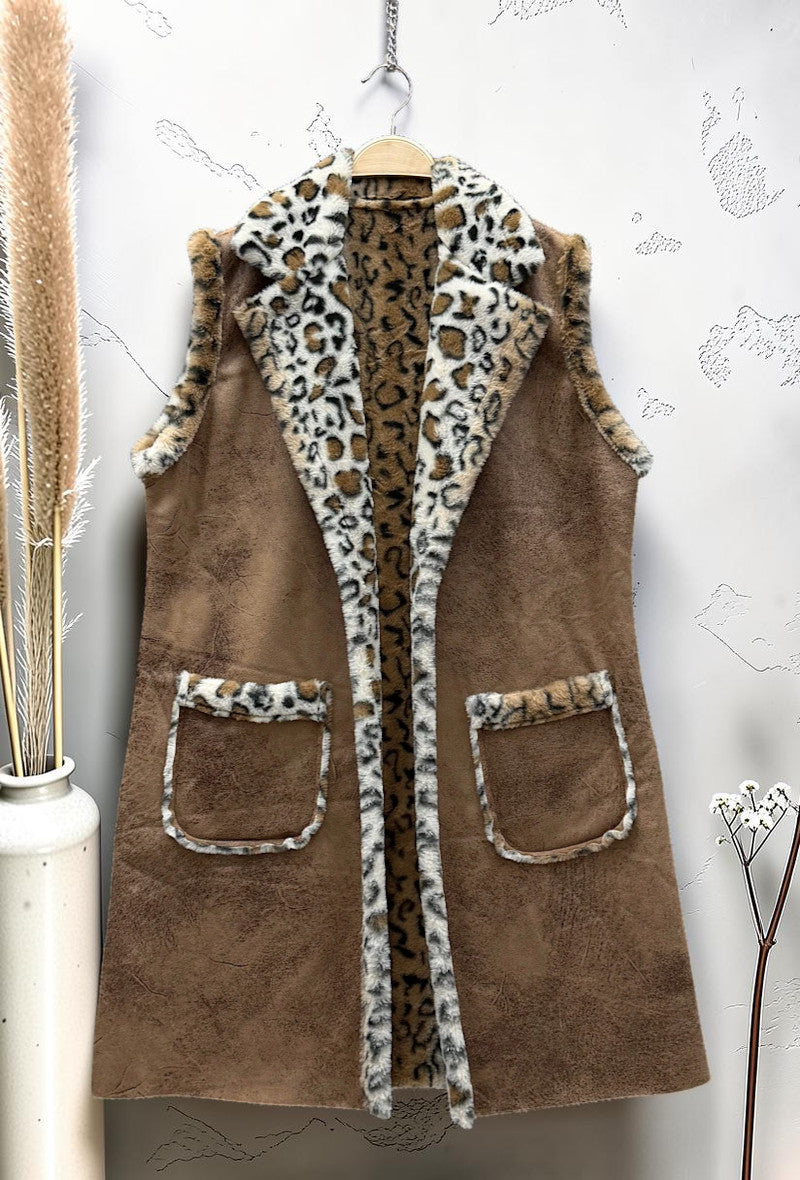 Manteau sans Manches en Fausse Fourrure Léopard et Daim Automnal Caramel