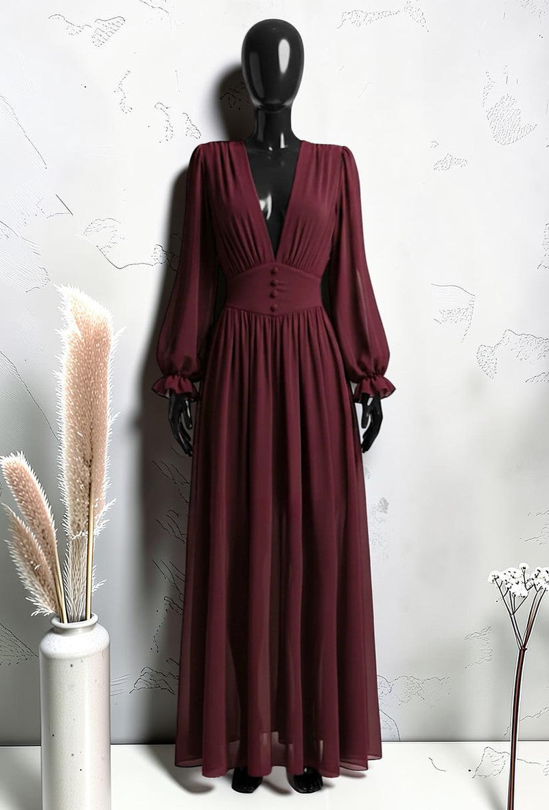 Robe à Manches Longues Boutonnée avec Doublure en Viscose et Fente Bordeaux