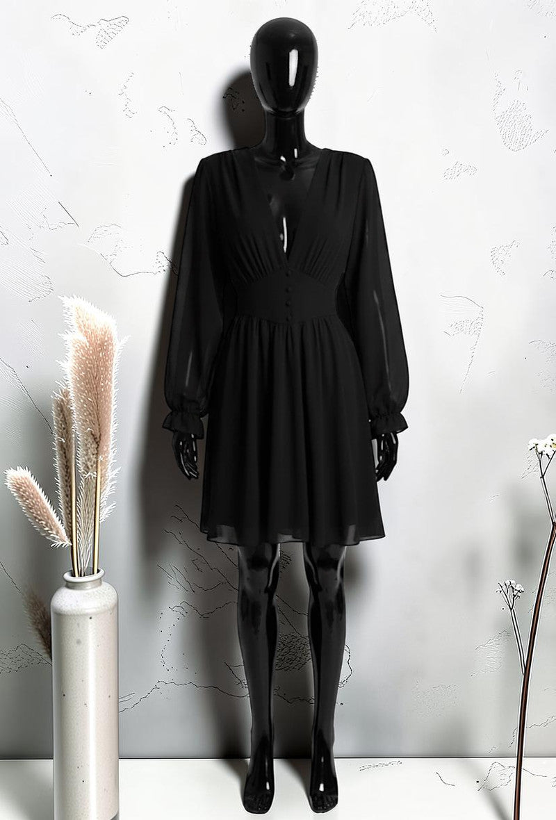 Robe Unie à Manches Longues Boutonnée avec Doublure en Viscose Noir