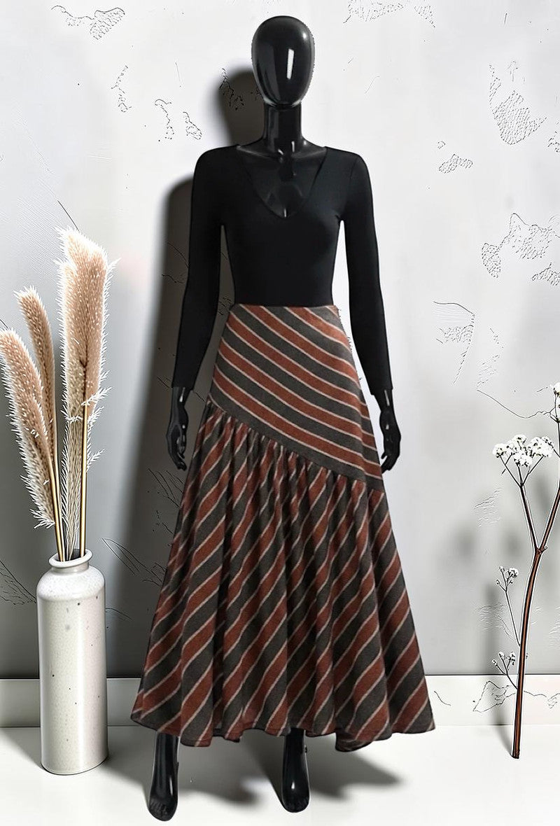 Jupe Fluide à Rayures Molletonnée Élastique à la Taille Terracotta