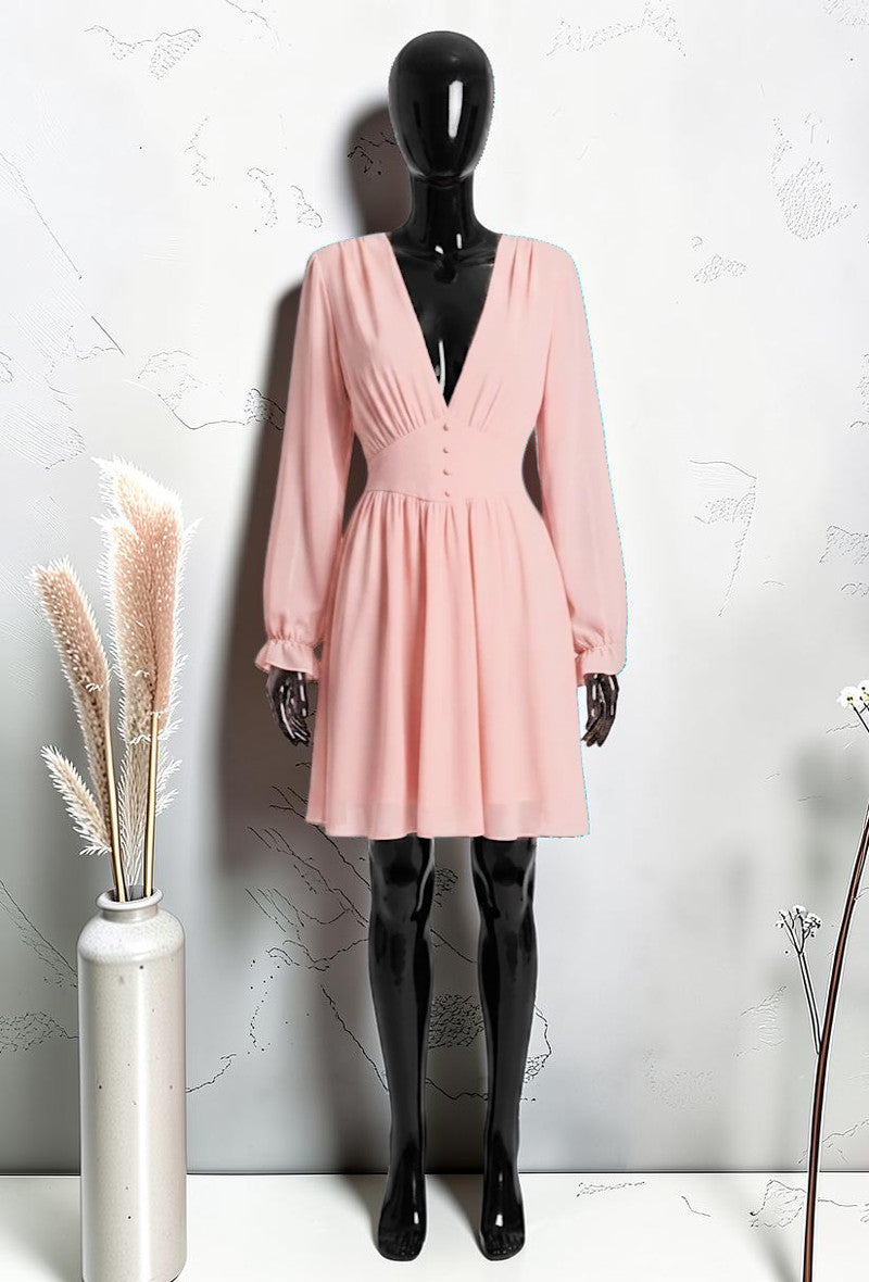 Robe Unie à Manches Longues Boutonnée avec Doublure en Viscose Blush