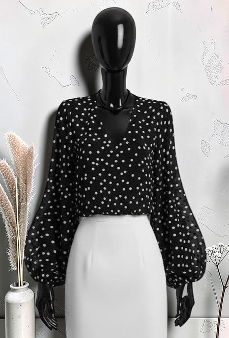 Blouse Imprimée à Manches Fluide Romantique Chic et Tendance avec Doublure Noir