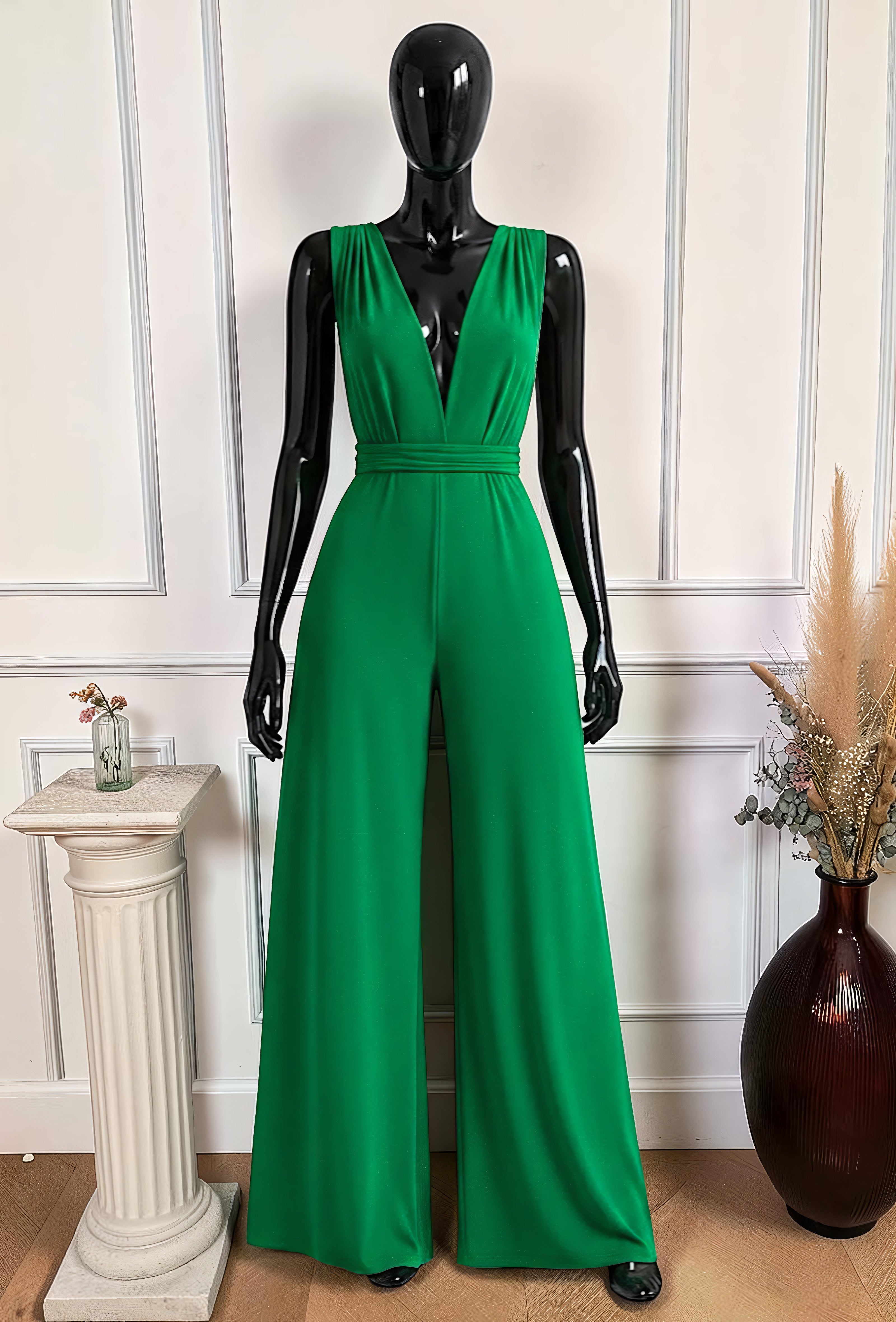 Combinaison Pantalon Vert Foncé — Col V Multi-Positions – La Muse Parisienne