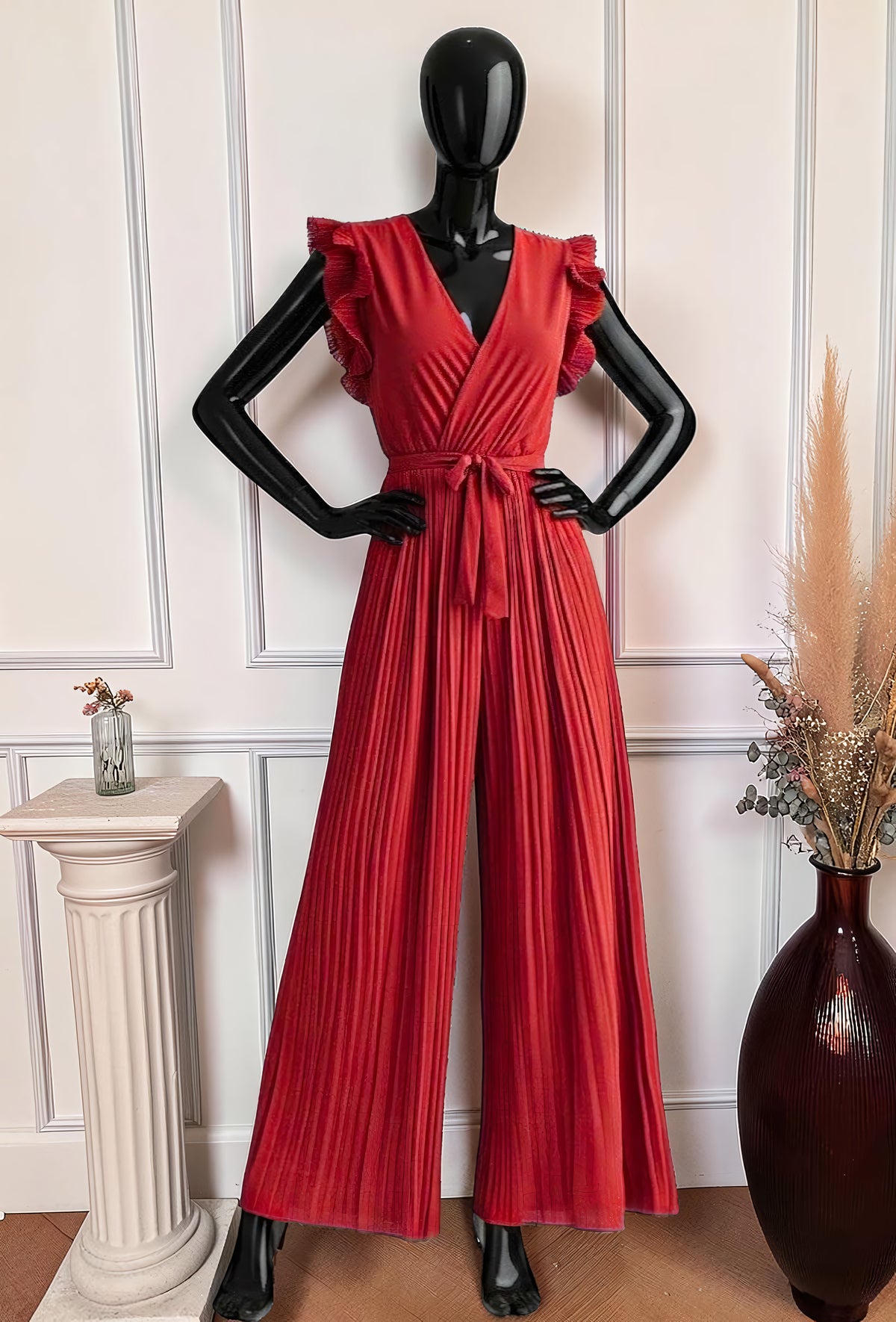 Combinaison Pantalon Rouge — Manches Froncées à Volants – La Muse Parisienne