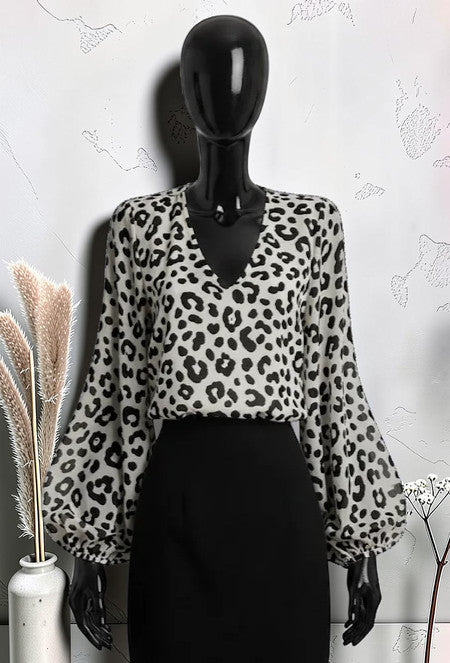 Blouse Imprimée à Manches Fluide Romantique Chic et Tendance avec Doublure Beige