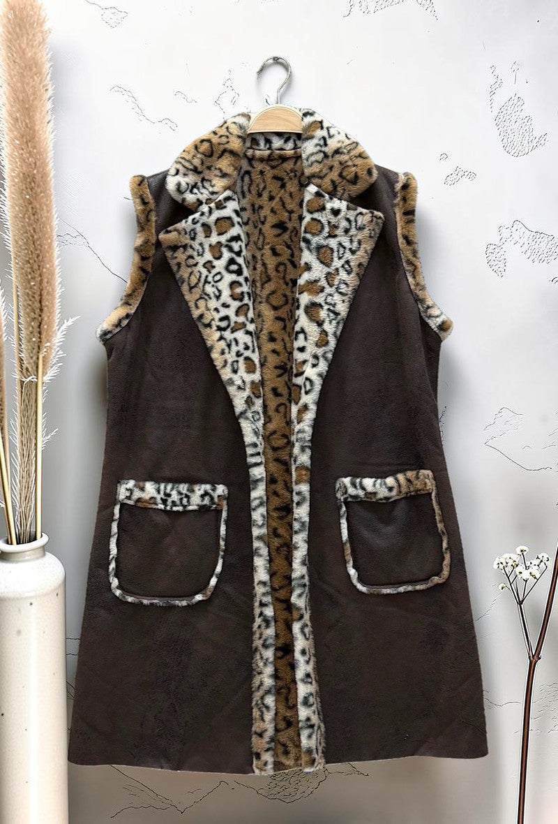 Manteau sans Manches en Fausse Fourrure Léopard et Daim Automnal Marron Foncé