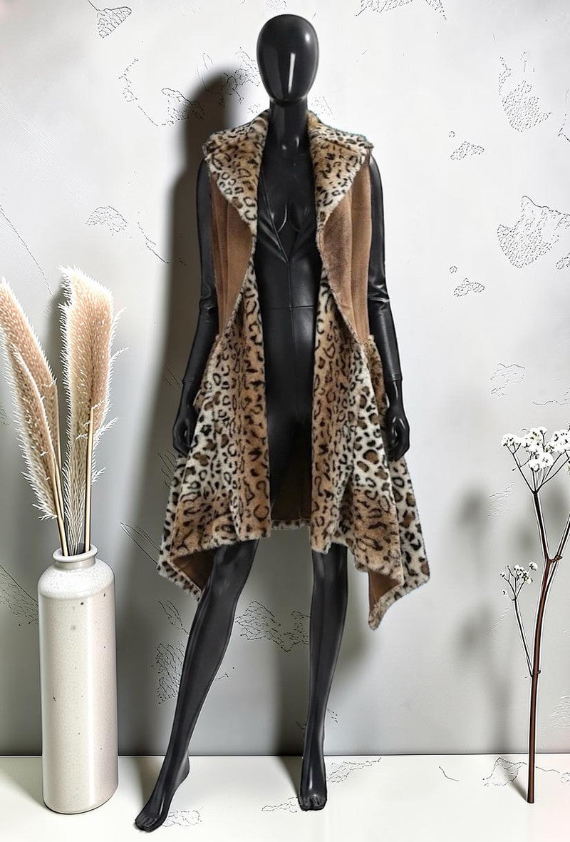 Manteau Long Sans Manches en Fausse Fourrure Léopard et Daim Automnal Caramel