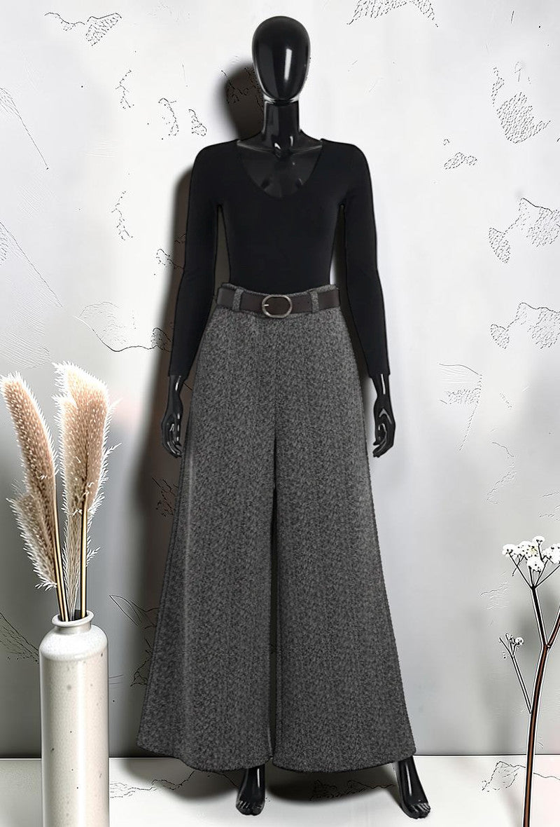 Pantalon Large Palazzo Fluide et Molletonné Élastique à la Taille Gris foncé