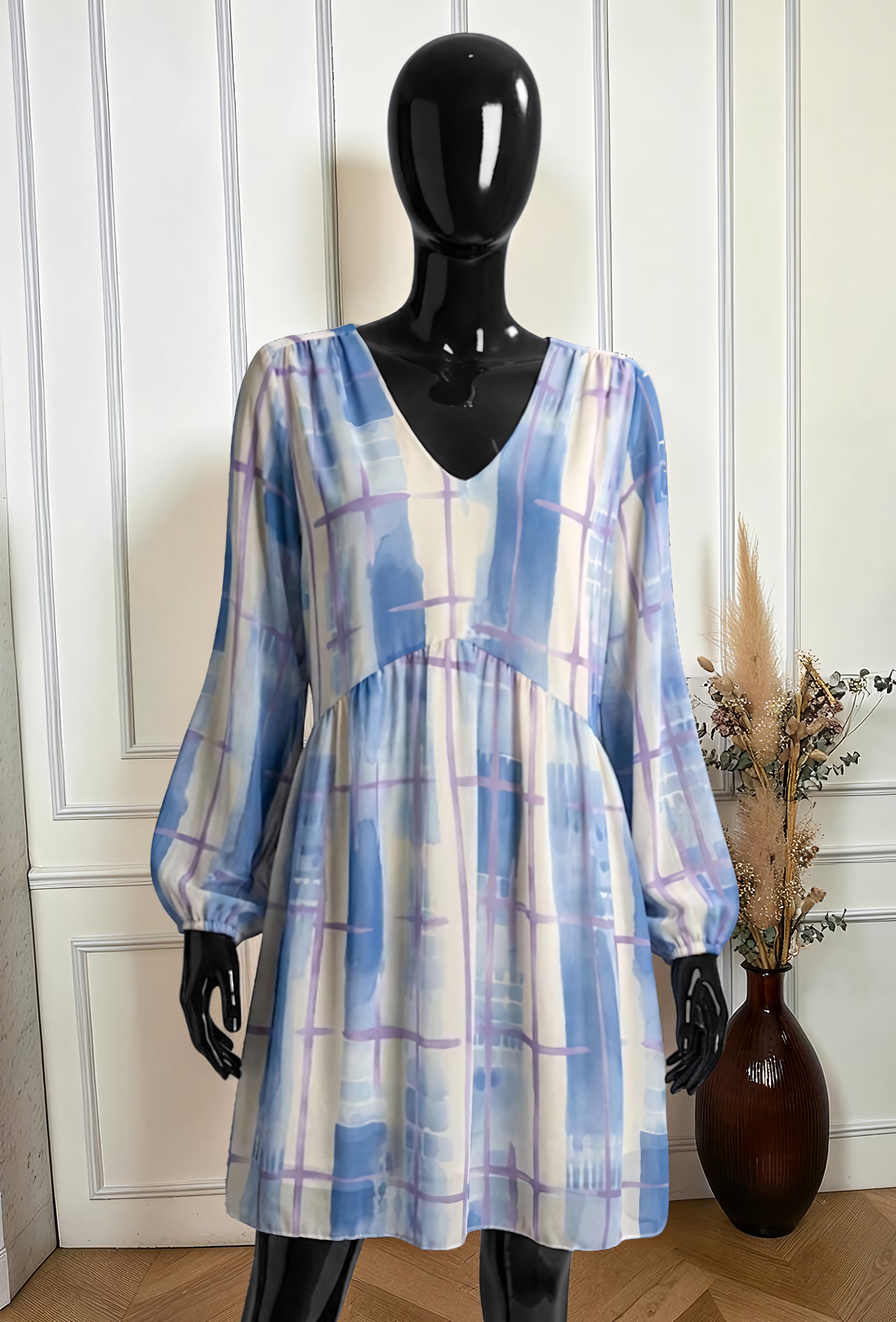 Robe Manches Longues Imprimé Carreaux Bleu-Lavande – La Muse Parisienne