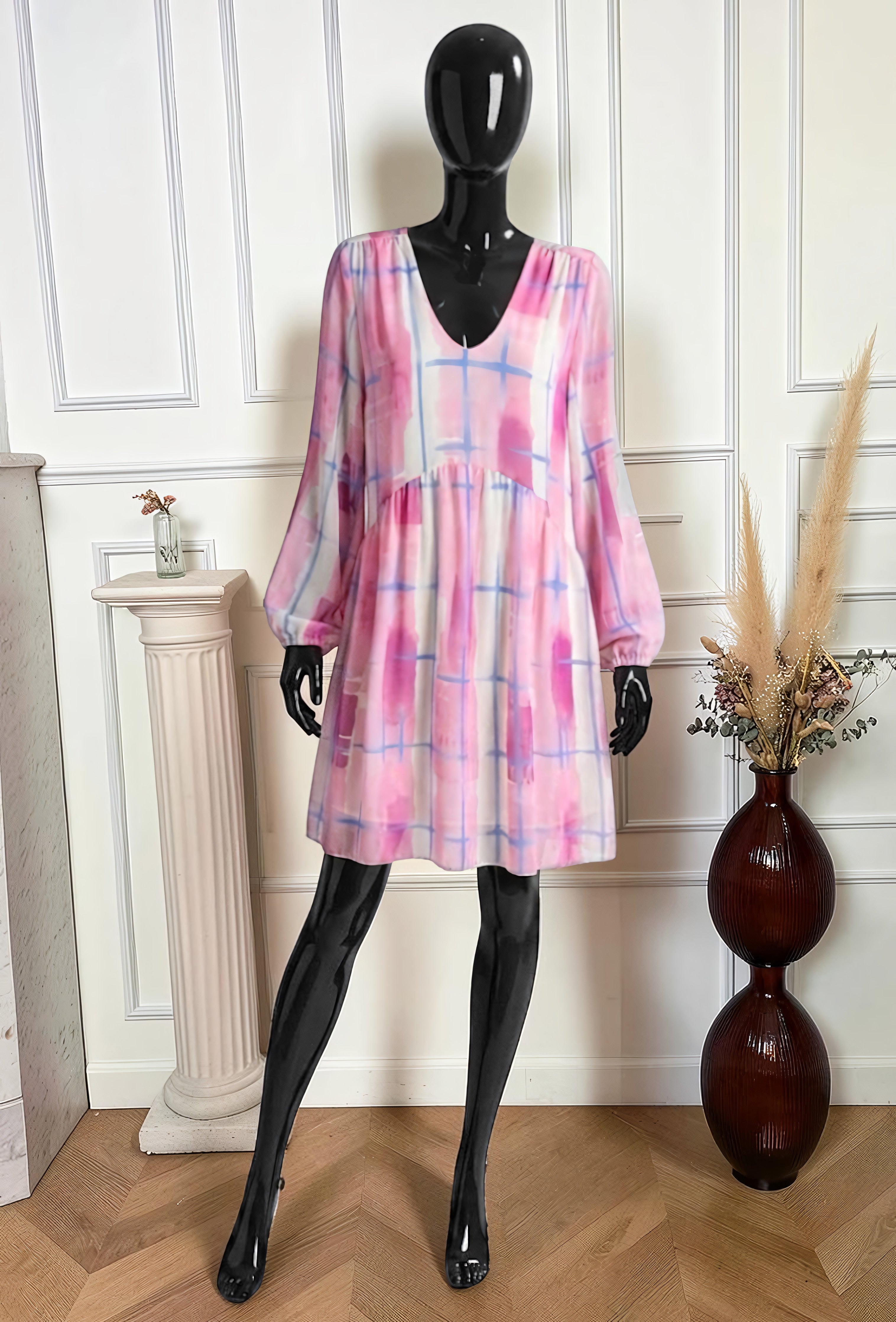 Robe Manches Longues Imprimé Carreaux Rose-Bleu – La Muse Parisienne