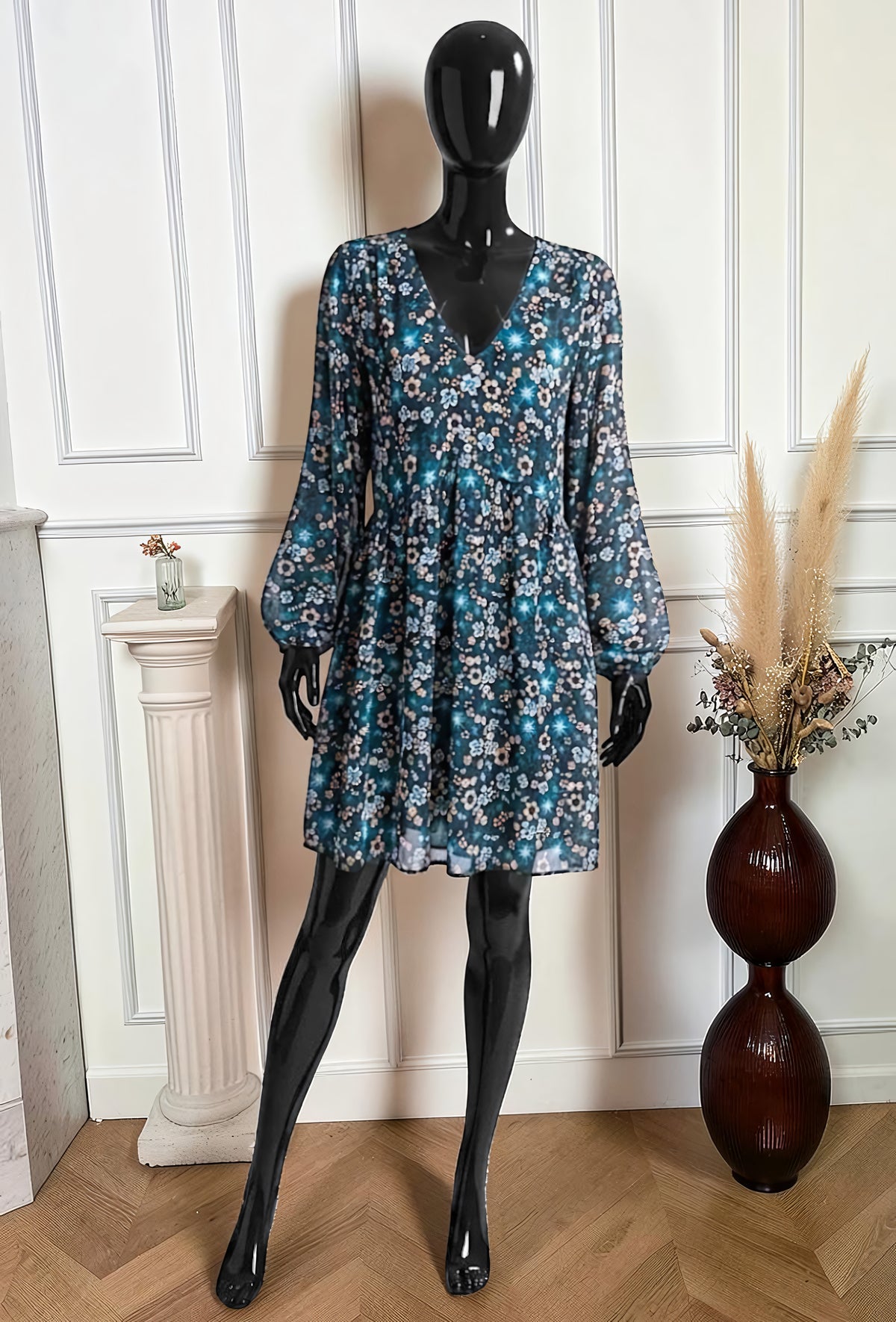 Robe Manches Longues Imprimé Fleurs Étoilées Bleu Canard – La Muse Parisienne
