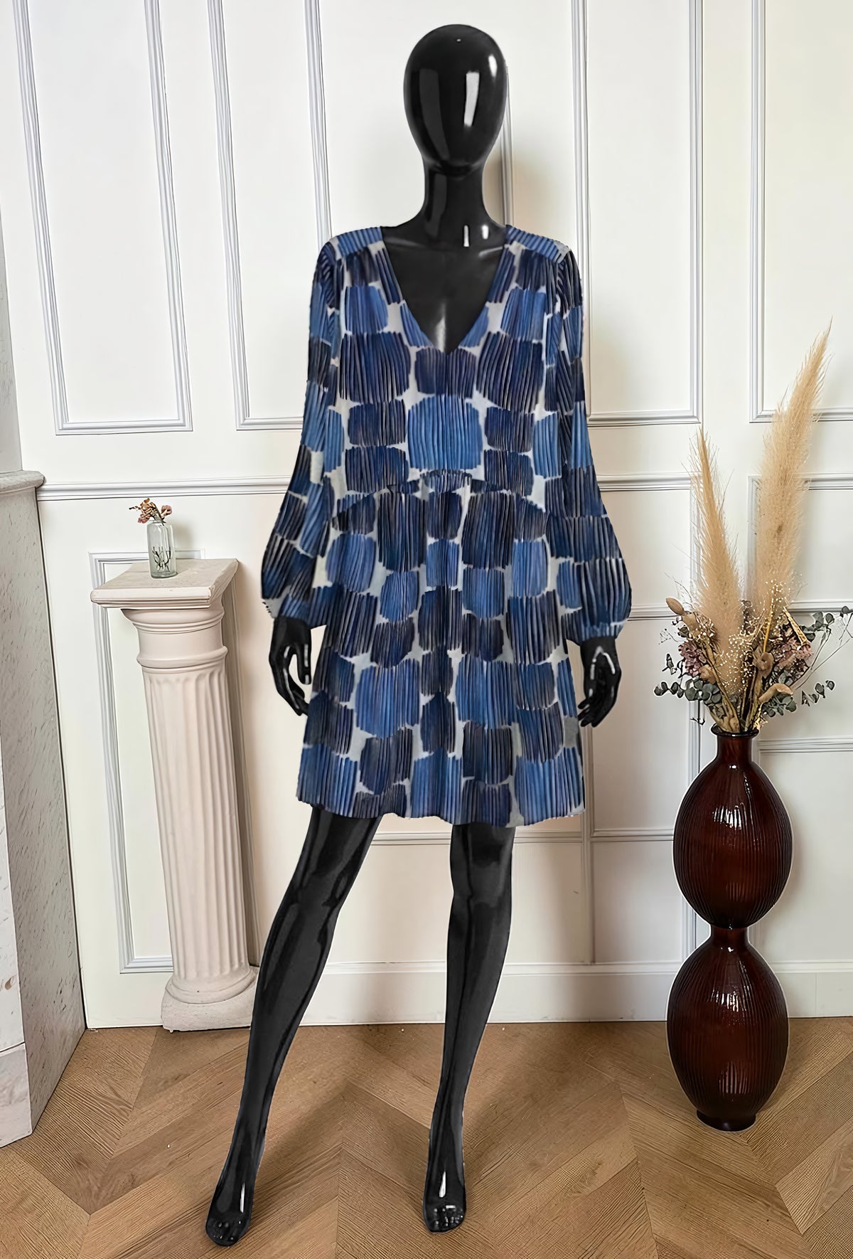 Robe Manches Longues Imprimé Pastilles Plissées Bleu – La Muse Parisienne