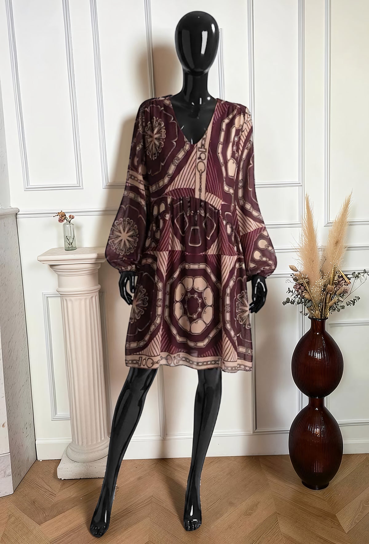 Robe Manches Longues Imprimé Foulard Baroque Bordeaux – La Muse Parisienne