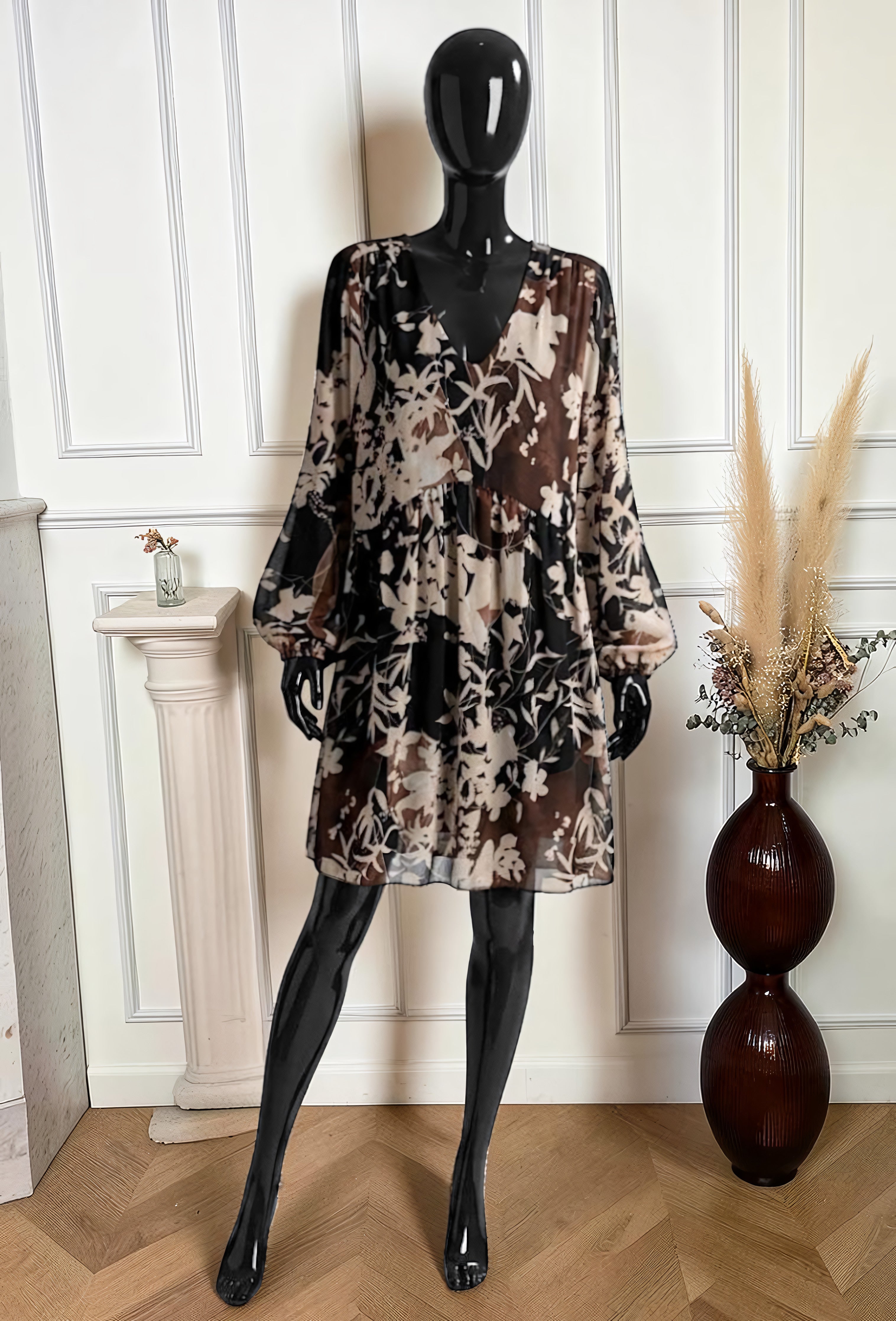 Robe Manches Longues Imprimé Fleurs Ombrées Noir et Brun – La Muse Parisienne