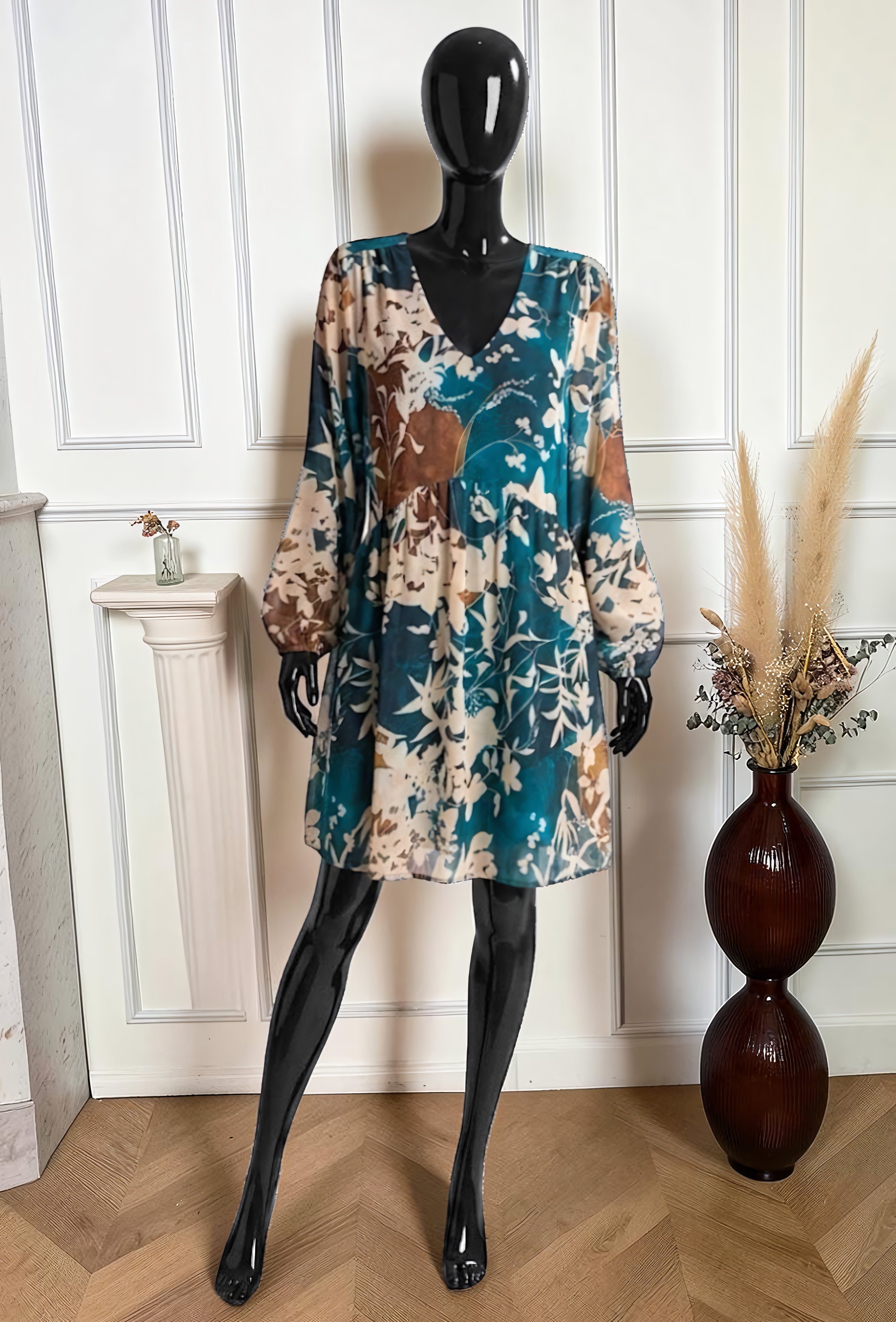 Robe Manches Longues Imprimé Fleurs Ombrées Bleu Canard – La Muse Parisienne