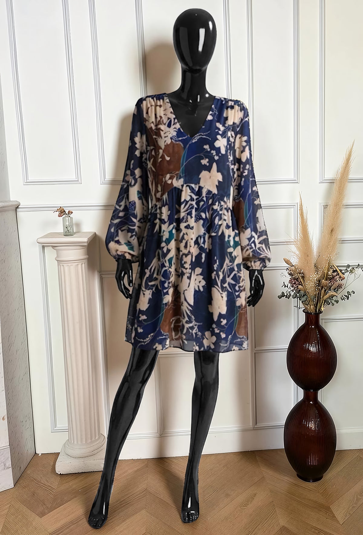 Robe Manches Longues Imprimé Feuillage Brun et Beige – La Muse Parisienne