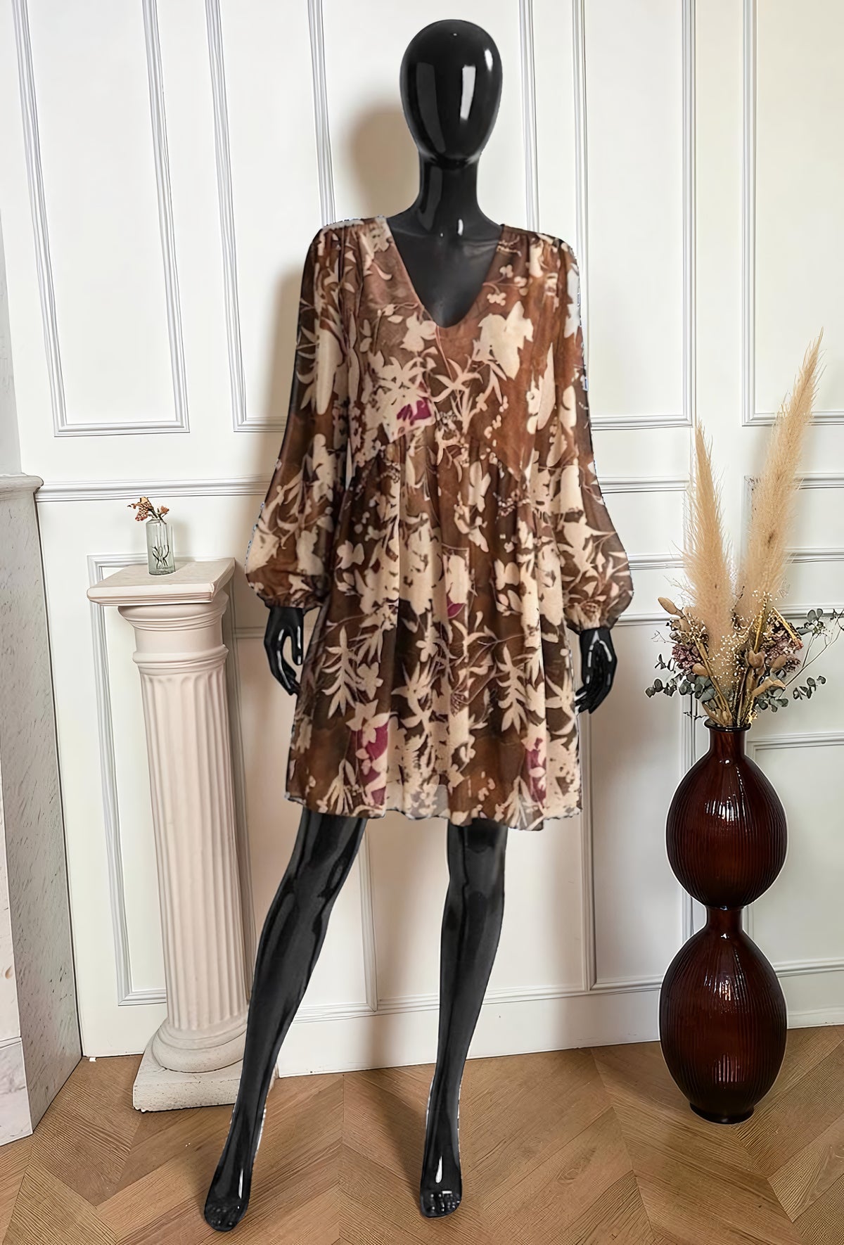 Robe Manches Longues Imprimé Fleurs Ombrées Bleu Marine – La Muse Parisienne