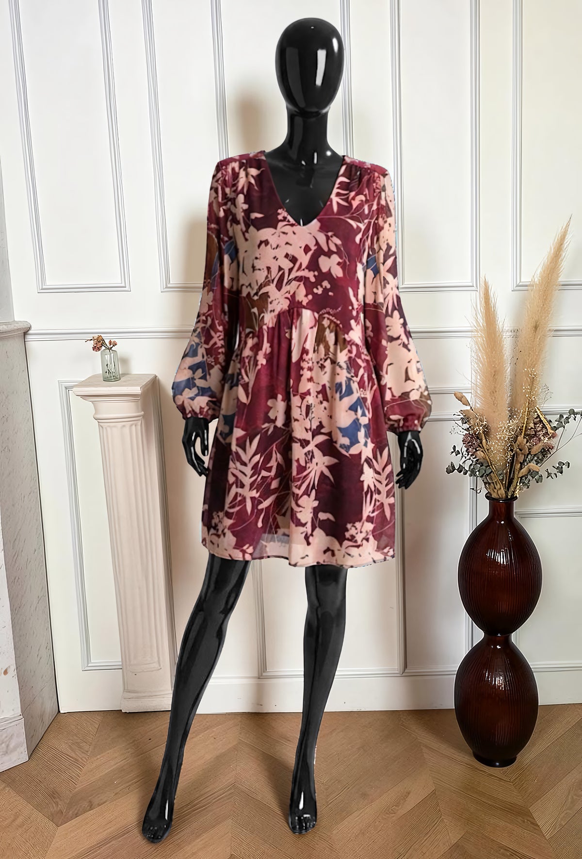 Robe Manches Longues Imprimé Fleurs Ombrées Bordeaux Rose – La Muse Parisienne