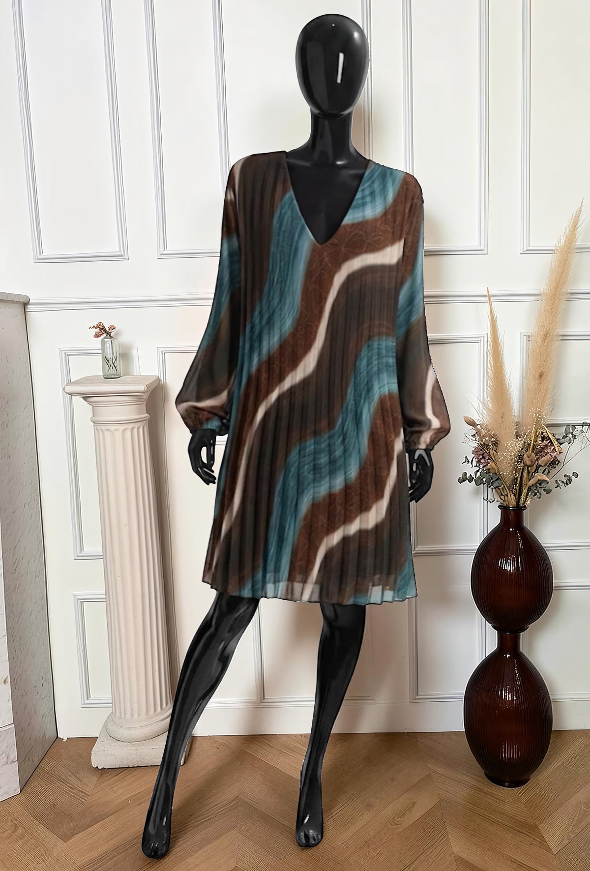 Robe Plissée Imprimé Vagues Bleu Canard – La Muse Parisienne