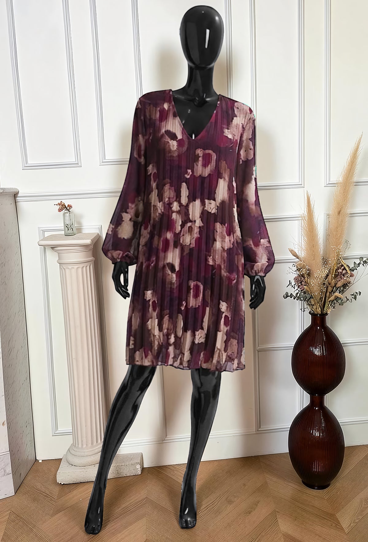 Robe Plissée Imprimé Aquarelle Prune – La Muse Parisienne